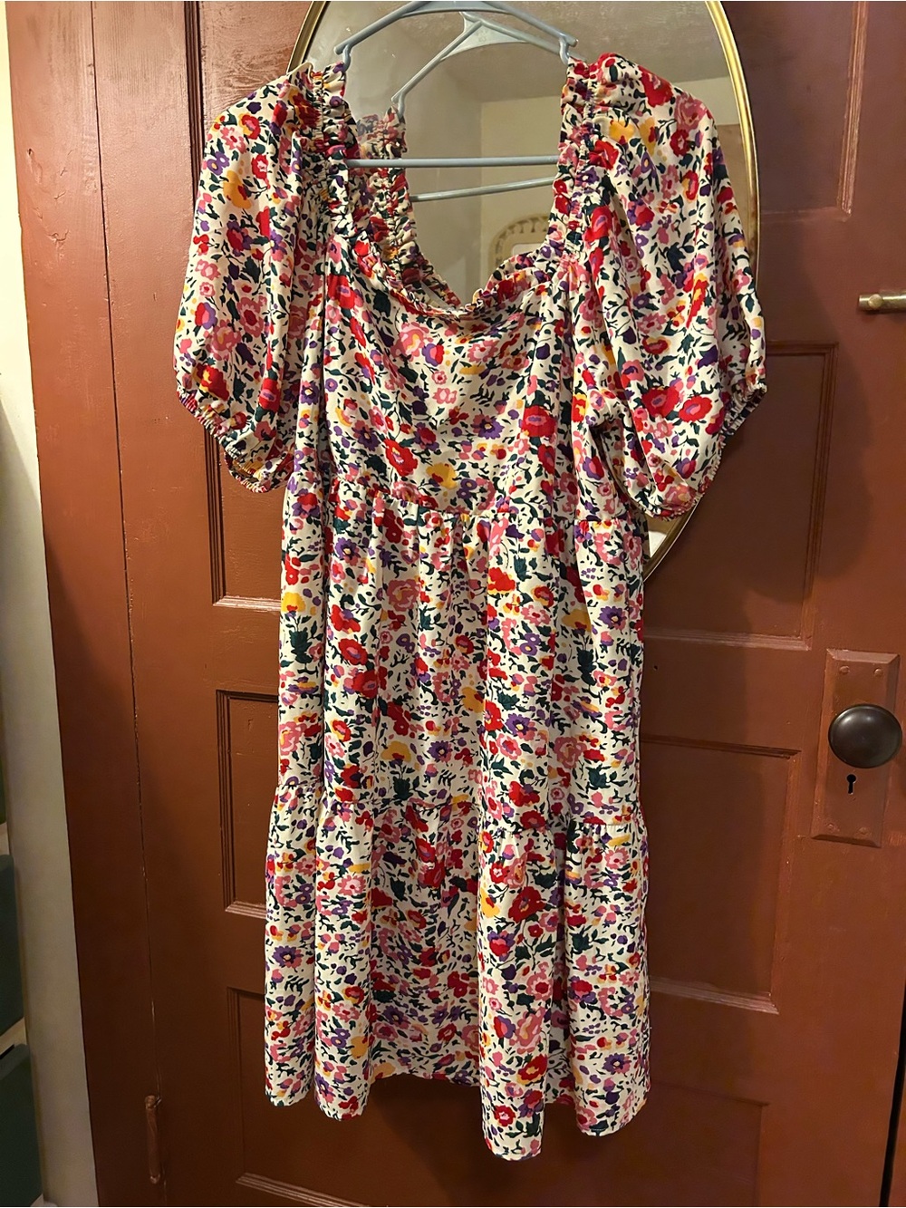 JODIFL Cream Midi Dress with Red, Pink, Yellow, Green & Purple Floral Print